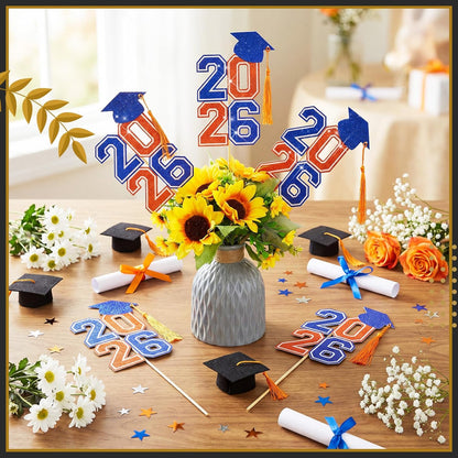 10 Pcs Graduation Table Centerpieces Sticks with Tassels, class of 2026 Grad Cap Picks Table Decoration Cupcake Toppers for Party Centerpiece Decoration Supplies(Blue and Gold)