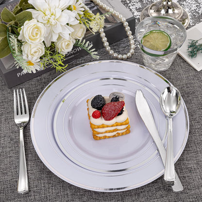 WELLIFE 350-Piece Gold Disposable Plates and Cutlery Set - Premium 10.25" Dinner Plates, 7.5" Dessert Plates, 9oz Cups & Cutlery for Weddings, Catering Events - 50 Guest Service - Elegant & Sturdy