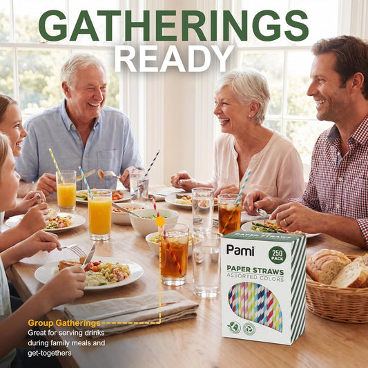 PAMI 250-Pack Compostable Paper Straws for Drinking, Assorted Colors Including Pink, Pfas- Biodegradable Sturdy for Coffee Juice Cocktails Parties