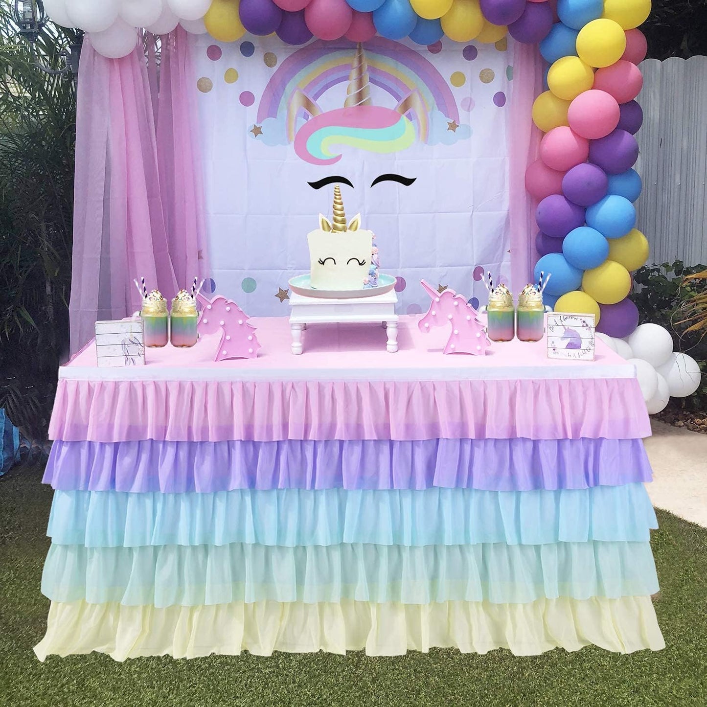 Pastel Rainbow Table Skirt Ruffle Party Tablecloth for Rectangle Table 6ft Birthday Party Baby Shower