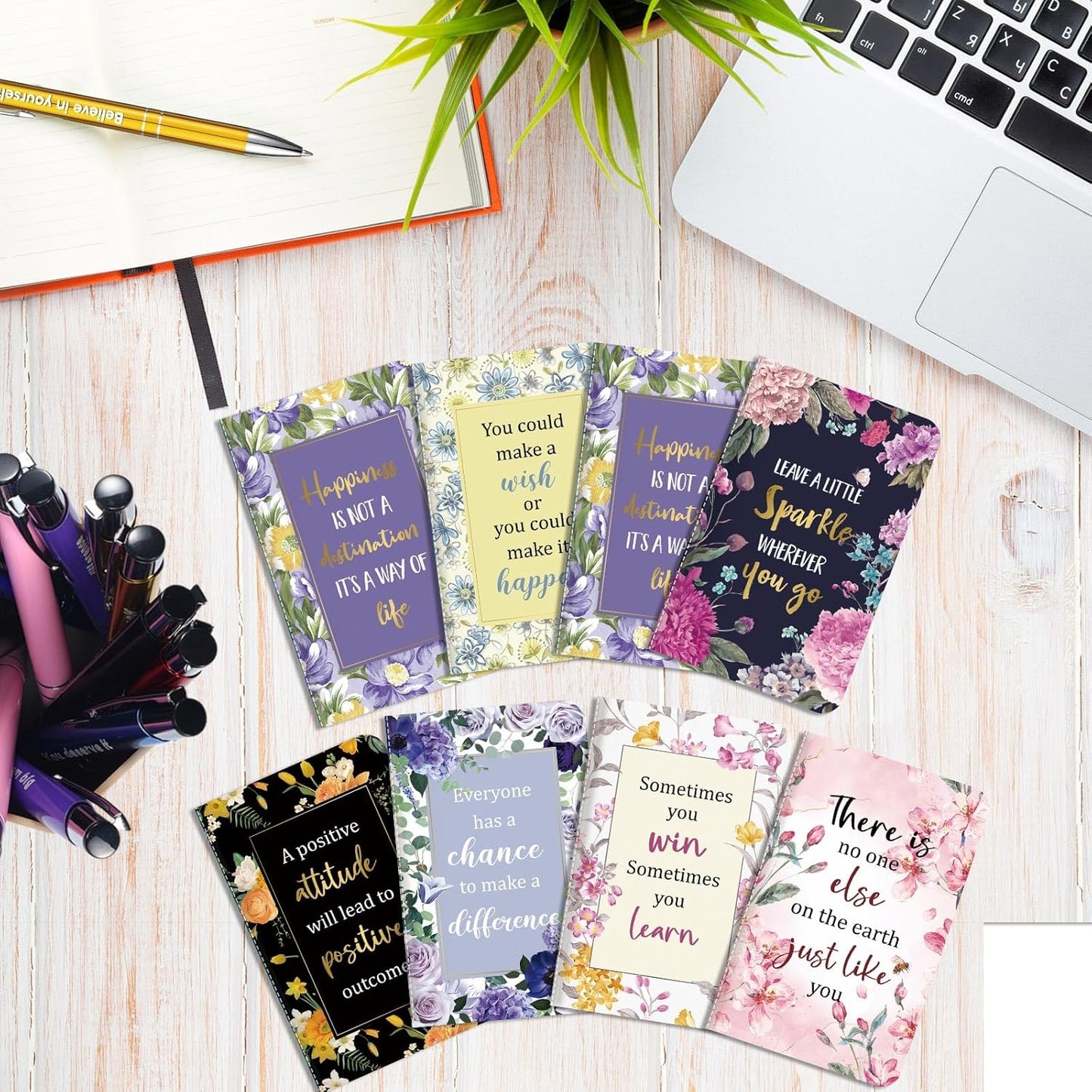 Funrous 32 Pcs Motivational Quote Pens Inspirational Notepads Mini Journal with Ballpoint Pen Small Notebooks Gift for Men Women Coworker Adult Party Favors Prize Teacher Student Office(Stylish)