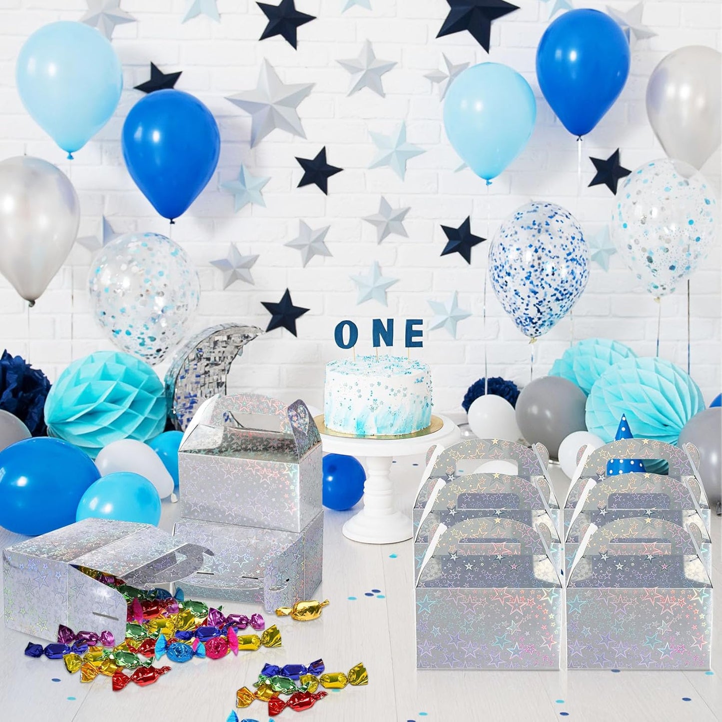 Naleyber Iridescent Star Party Favor Treat Box, 24pcs Holographic Gable Boxes for Candy Snacks Gifts, Shiny Goodie Boxes for Birthday parties