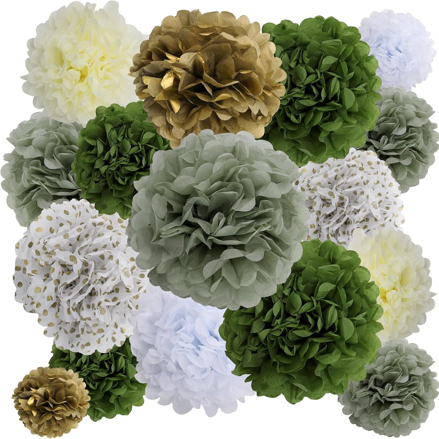 BestoFun 16 PCS Sage Green Party Decorations Tissue Paper Flowers Christmas Party Decors Hanging Pom Poms Decorations for Xmas New Year Winter Holiday Decorations