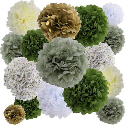 BestoFun 16 PCS Sage Green Party Decorations Tissue Paper Flowers Christmas Party Decors Hanging Pom Poms Decorations for Xmas New Year Winter Holiday Decorations
