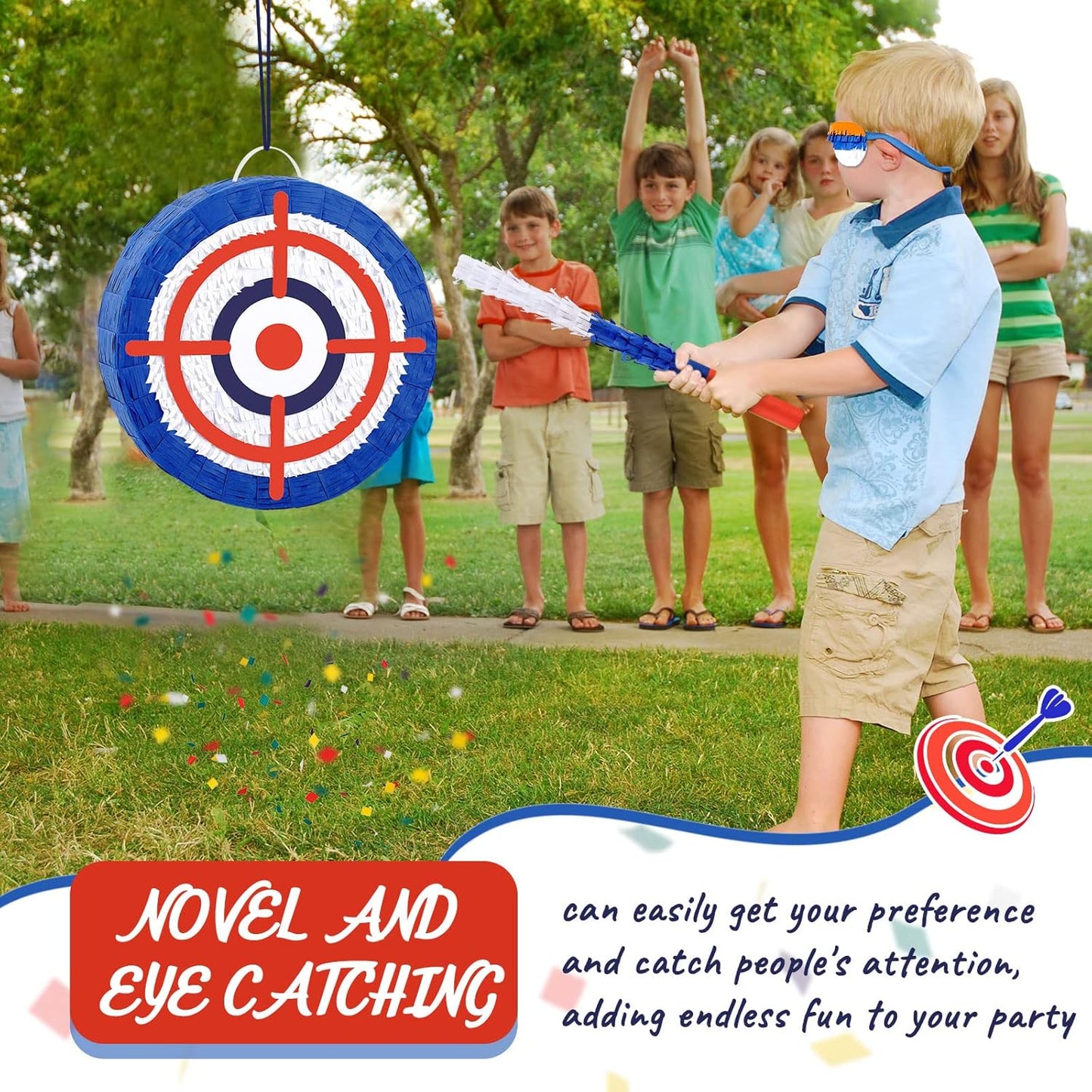 Deekin 3 Pcs Dart Piñata Set Include Large Dart Gun Shooting Target Piñata with Stick Eye Mask for Kids Birthday Party Game Favors Supplies 12.8x12.8 Inch