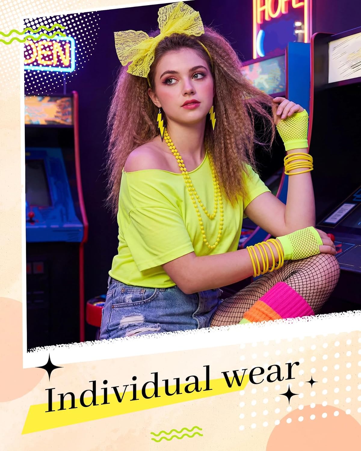 Blulu 80s Accessories Women Lace Headband Earrings Fishnet Gloves Necklace Bracelet for 80s Retro Party Halloween