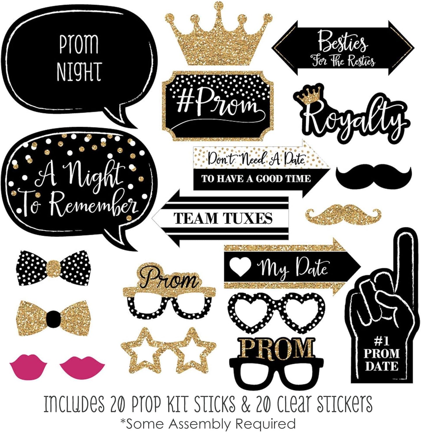 Big Dot of Happiness Prom - Photo Booth Props Kit, Dance Decorations, Photography Accessories, Party Decor- 20 Piece set
