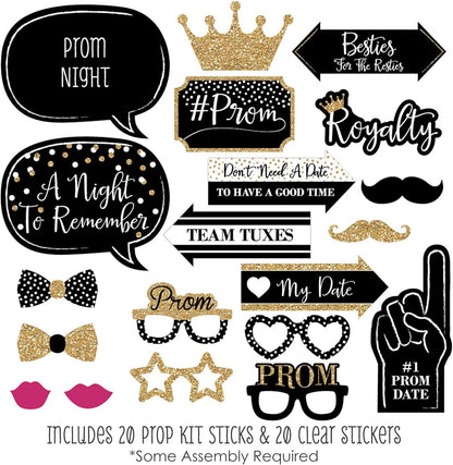Big Dot of Happiness Prom - Photo Booth Props Kit, Dance Decorations, Photography Accessories, Party Decor- 20 Piece set