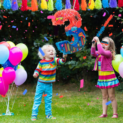Number 4 Spider Pinata Bundle with 16 Inch Piñata Stick Blindfold Confetti for Hero Birthday Party Decoration Anniversary Celebration Gift Spider Party Favors for Kids, 16 x 11.6 x 2.4 Inch