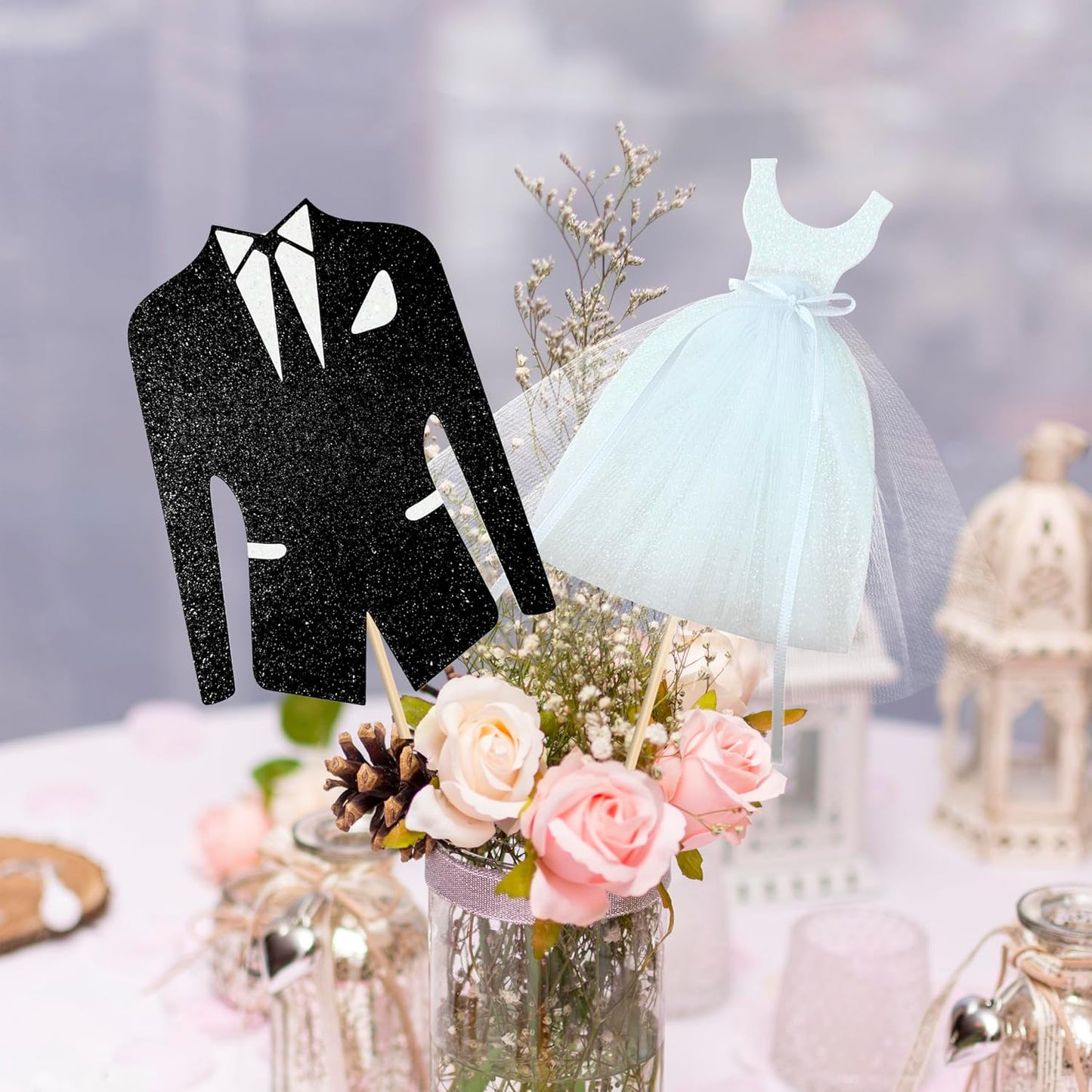 8pcs Bridal Shower Centerpiece Sticks Glitter Wedding Party Centerpiece Decorations for Bride and Groom White Tulle Dress Black Tuxedo Dress Theme Party Table Toppers for Bridal Shower Supplies