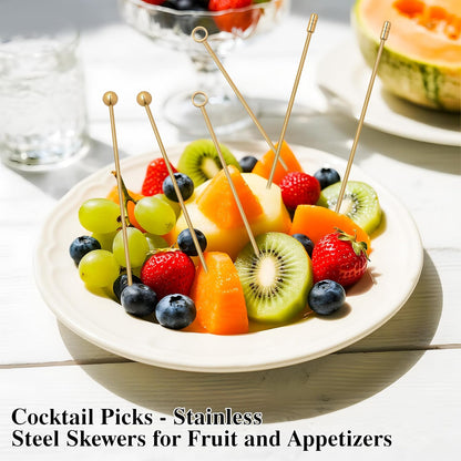 I-MART 15 Pack Stainless Steel Cocktail Picks Martini Olive Skewers, Reusable Metal Garnish Sticks for Drinks, Appetizers, Bloody Mary, Olives, Citrus, Fruit Decor (Gold, 4.25 Inch)