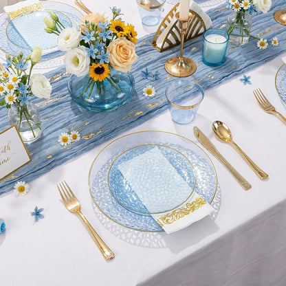 Rubtlamp 350 Pcs Clear Blue Plastic Plates, Blue Gold Plastic Dinnerware Set (50 Guests), Blue Disposable Plates With Gold Rim, Hammered Party Plates Set for Wedding And Party