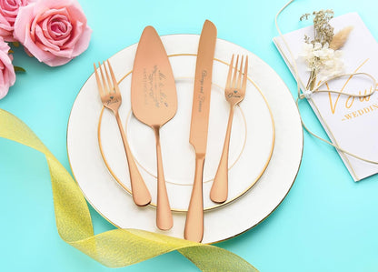Wedding Cake Knife and Server Set, Gold Cake Cutting Set for Wedding, 4 Pieces Set with Forks for Engagements, Anniversaries, Bride and Groom