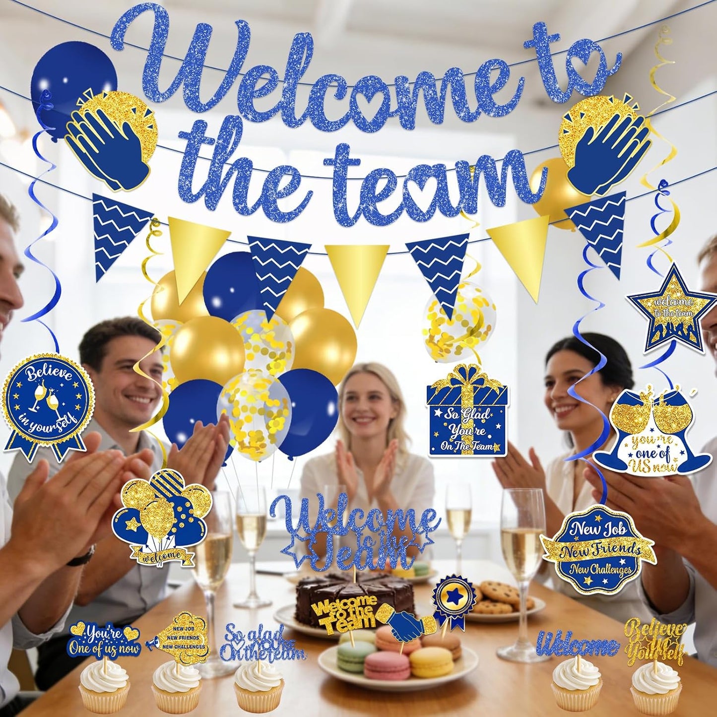 Gold Glitter Welcome To The Team Banner and Hanging Swirls, Welcome Banner, Welcome Sign, Welcome Decorations for New Employee Coworker Teacher Colleague Staff Team Member Office Party