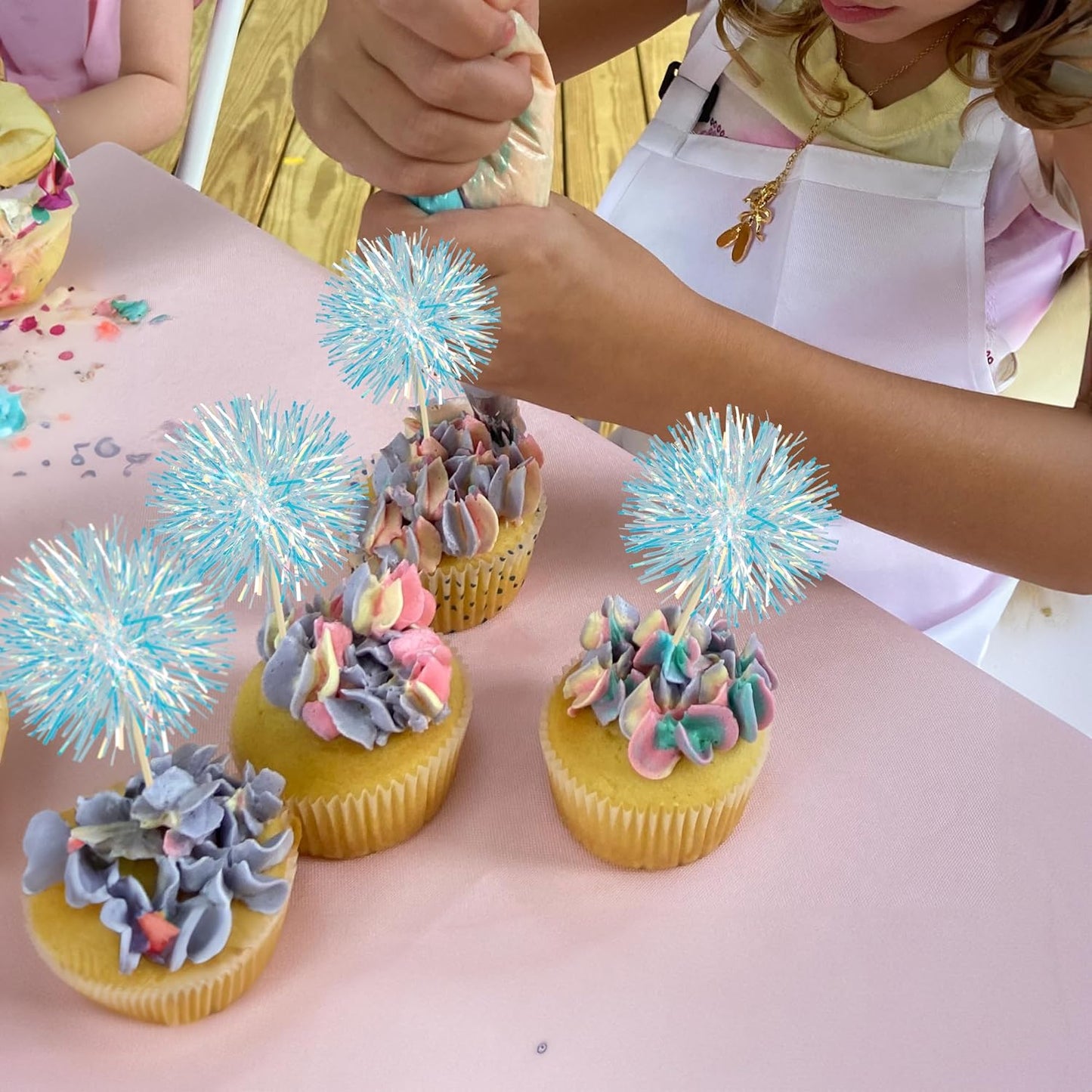 Ephlyn 30Pcs Foil Firework Cupcake Toppers Sparkle Tinsel Cupcake Picks Drink Stirrers Cocktail Food Fruit Toothpicks for Baby Shower Graduation Party Supplies White