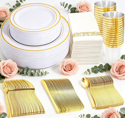 350 Pieces Black and Gold Plastic Plates with Disposable Silverware, Include 50 Dinner Plates 9”, 50 Dessert Plates 6.3”, 50 Black Cups 9 OZ, 50 Pre Rolled Napkins for Wedding Party Graduation