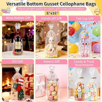 Soarvita 7x10 Inch Cellophane Treat Bags, 50 Pcs Clear Gift Bags with Bottom Gusset for Stand-Up Display, Cellophane Gift Wrap with 60 Gold Ties for Goodies, Treats, Candy, Party Favors, Toys