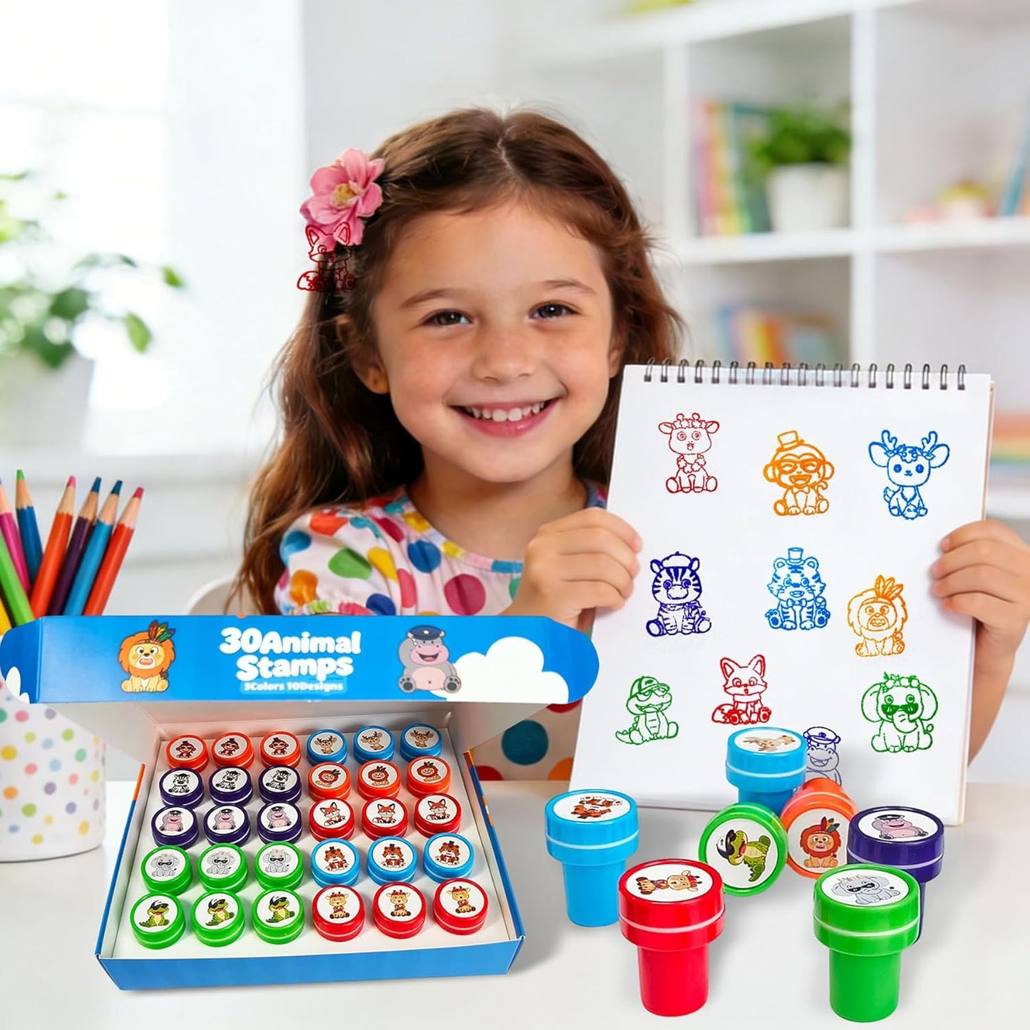 30PCS Animal Stamps for Kids, Safari Party Favors Self- Ink and Washable Stamps for Kids Birthday Gifts, Teacher Stamps