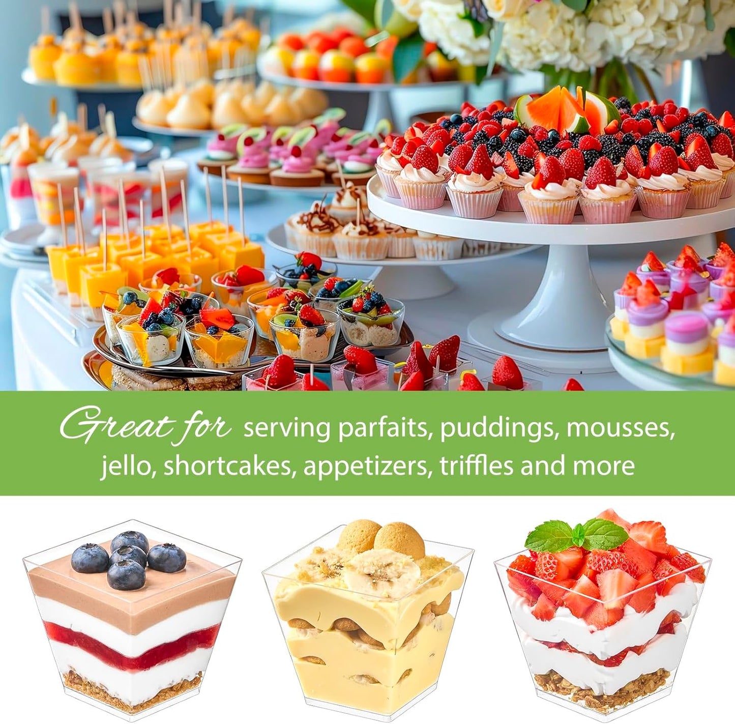Zezzxu 3 oz Square Mini Dessert Cups with Spoons - 50 Pack Plastic Pudding & Parfait Cups Party Dessert Shooters for Serving Trifle Mousse Cake Appetizers