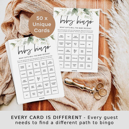 GardenCity Baby Bingo, Fun Baby Shower Games for Girl (50 Unique Cards), Pre-Filled, Perforated Calling Cards, Gender Neutral (Wildflower)
