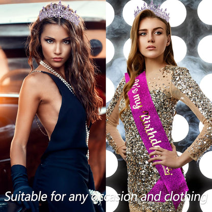 VELSCRUN Purple Crystal Birthday Tiara Crowns for Women Girls It's My Birthday Sash Queen Girls Princess Crown with Combs Happy Birth Party Decorations Mom Sisters Birth Gift Hair Accessories