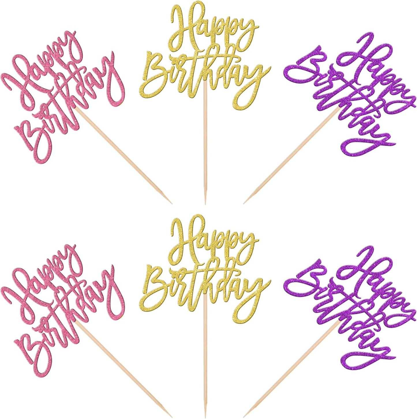 24 PCS Happy Birthday Cupcake Toppers Glitter Picks for Celebrating Anniversary Theme Party Cake Decorations Supplies Gold