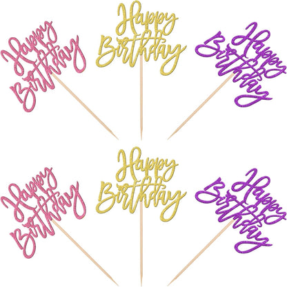 24 PCS Happy Birthday Cupcake Toppers Glitter Picks for Celebrating Anniversary Theme Party Cake Decorations Supplies Gold