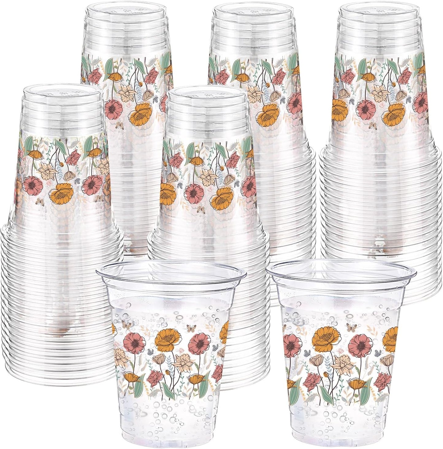 Hushee 60 Pcs Purple Floral Cups with Spring Summer Flower 16 oz Wildflowers Plastic Disposable Drinking Cups for Summer Spring Birthday Baby Shower Wedding Party Supplies