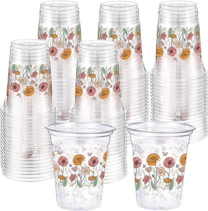 Hushee 60 Pcs Purple Floral Cups with Spring Summer Flower 16 oz Wildflowers Plastic Disposable Drinking Cups for Summer Spring Birthday Baby Shower Wedding Party Supplies
