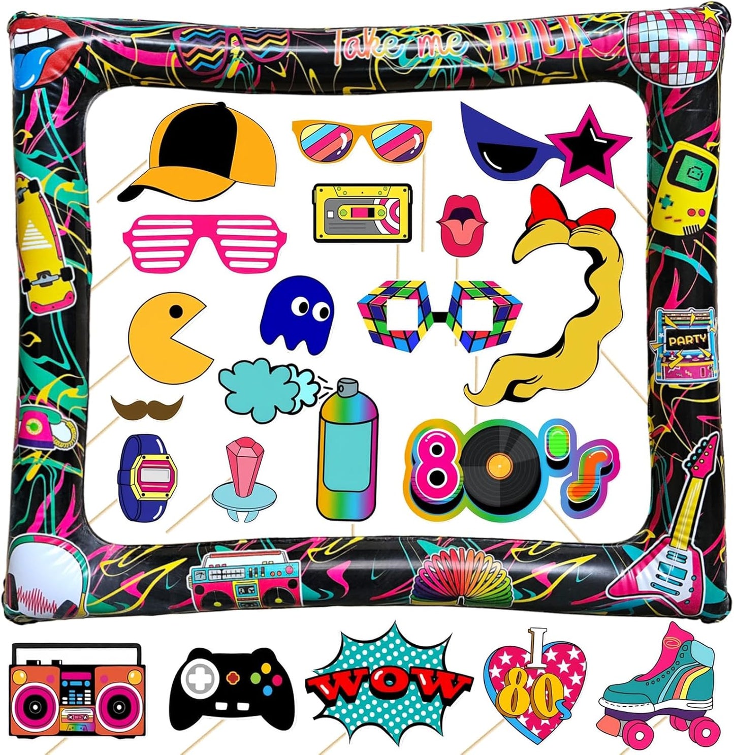 21Pcs Back to The 80s Inflatable Selfie Photo Frame & Props Set 1980s Retro Party Picture Frame I Love 80s Party Selfie Props for 1980s Throwback Birthday Back to 90S 80S Neon Party Supplies