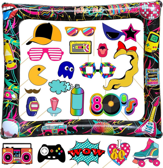21Pcs Back to The 80s Inflatable Selfie Photo Frame & Props Set 1980s Retro Party Picture Frame I Love 80s Party Selfie Props for 1980s Throwback Birthday Back to 90S 80S Neon Party Supplies