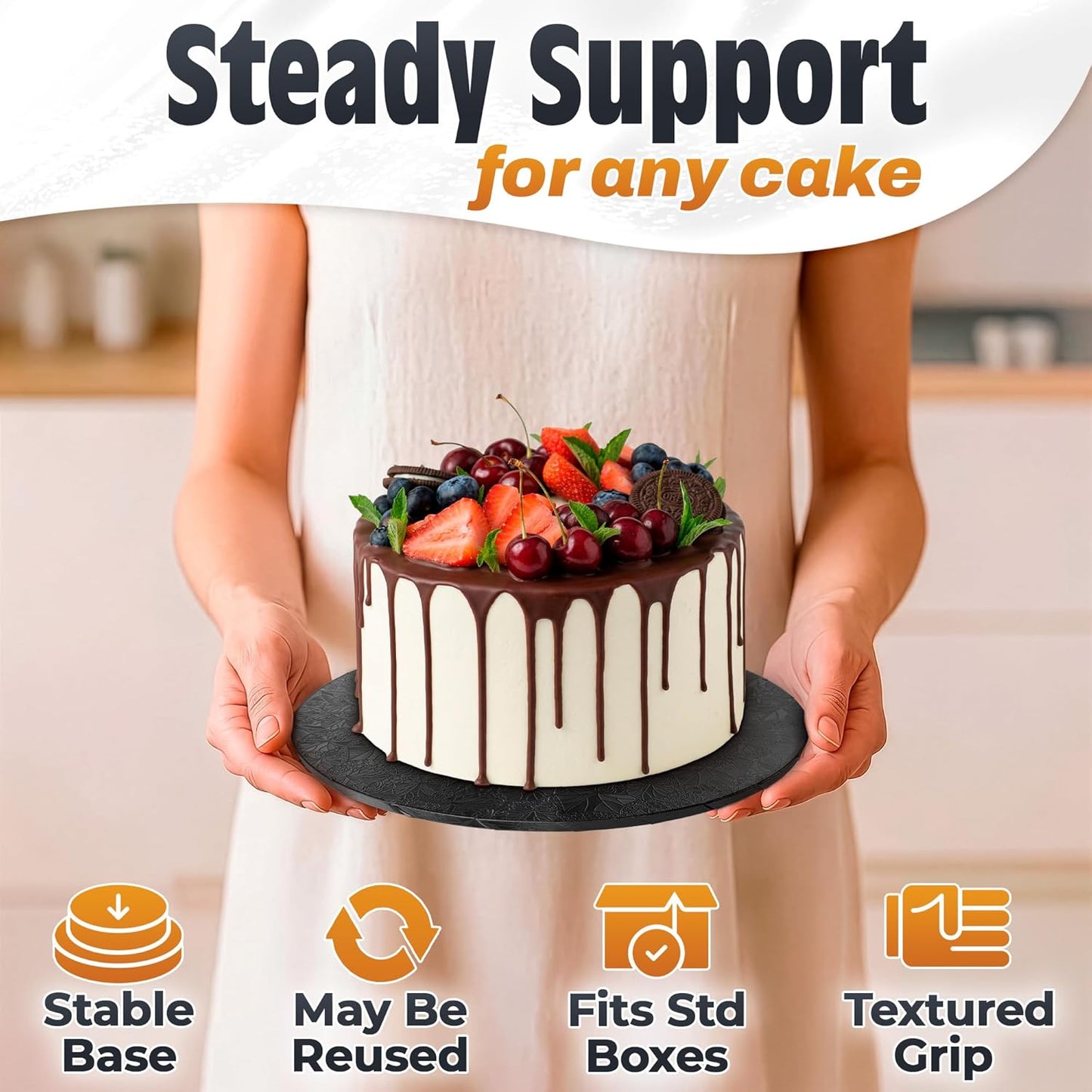 12 Inch Cake Drum, Black Cake Board for Picture-Ready Celebration Cakes, 1/2 Inch Thick Round Cardboard Base with Grease & Moisture Resistant Surface and Decorative Pattern for Parties and Weddings