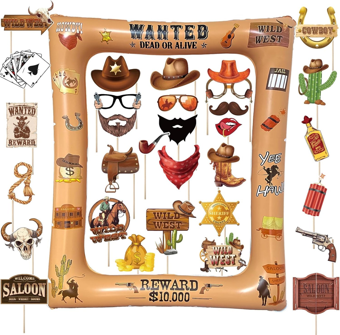 Hawaiian Photo Booth Props & Inflatable Frame, 30Pcs Luau Photobooth Props with Large Inflatable Inflatable Selfie Picture Frame for Summer Tropical Aloha Luau Party Selfie Supplies