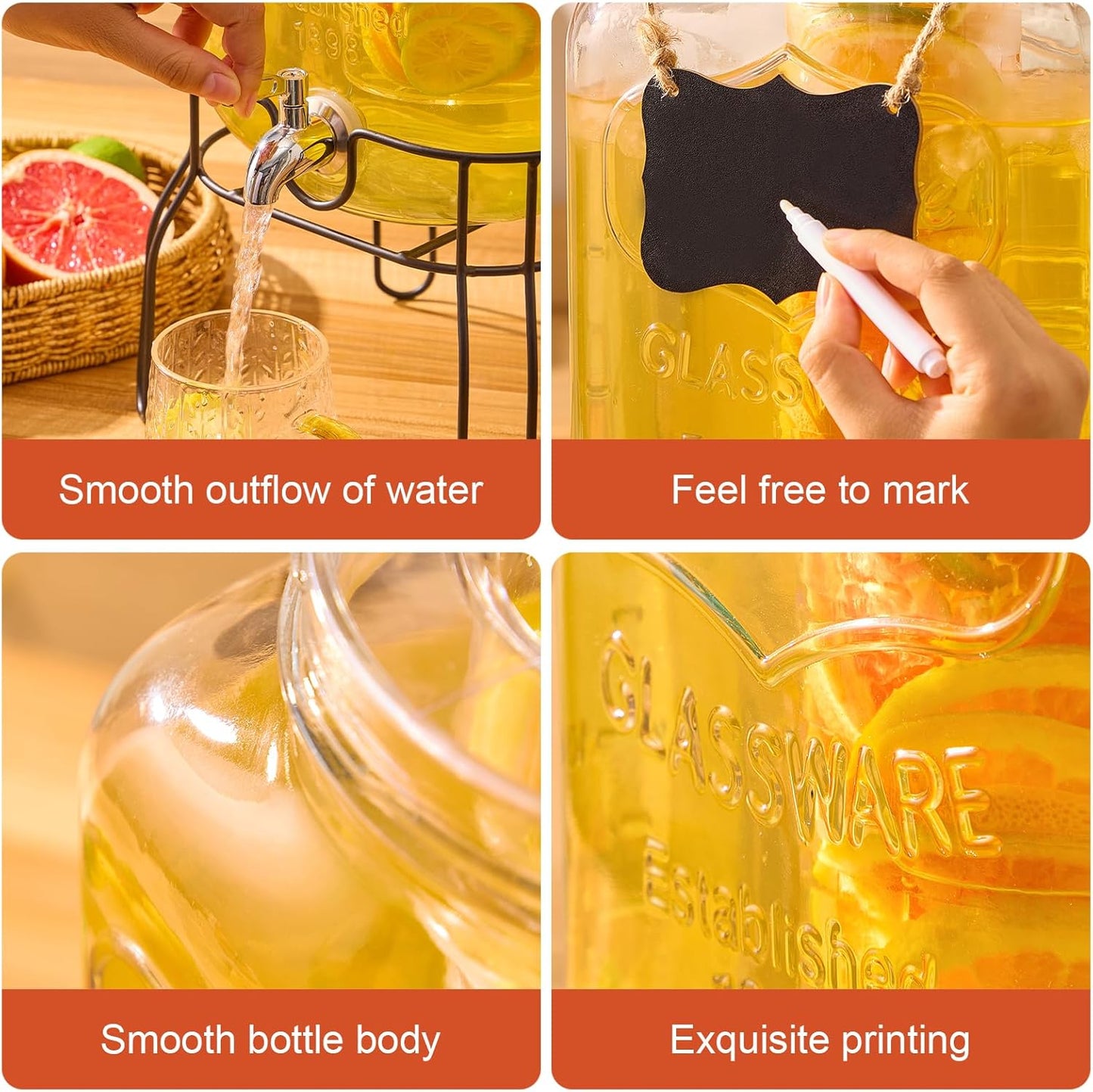 1 Gallon Glass Drink Dispensers for Parties, 2PACK Beverage Dispenser with Stand, Fruit Infuser and Stainless Steel Spigot 100% Leakproof, Beverage Dispenser for Lemonade Sun Tea