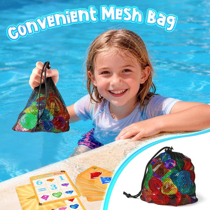 Meaicezli Pool Toys Diving Gems, 54 Pcs Search and Find Pool Games, Diving Toys with Dive Gems, Acrylic Numbers, Scavenger Hunt Game Cards & Mesh Bag, Fun Summer Water Party Favors for Kids 4-12