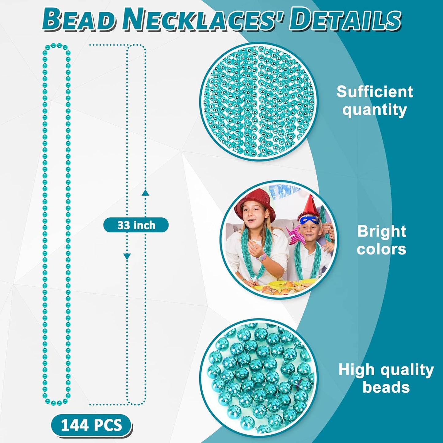 EOBOH 144PCS Mardi Gras Beads, Metallic 12 Kinds Bead Necklace Party Supplies, 33" Mardi Gras Necklace Costume Stuff, Festival Parade Throw Accessories for Wedding Birthday Celebrations Decorations