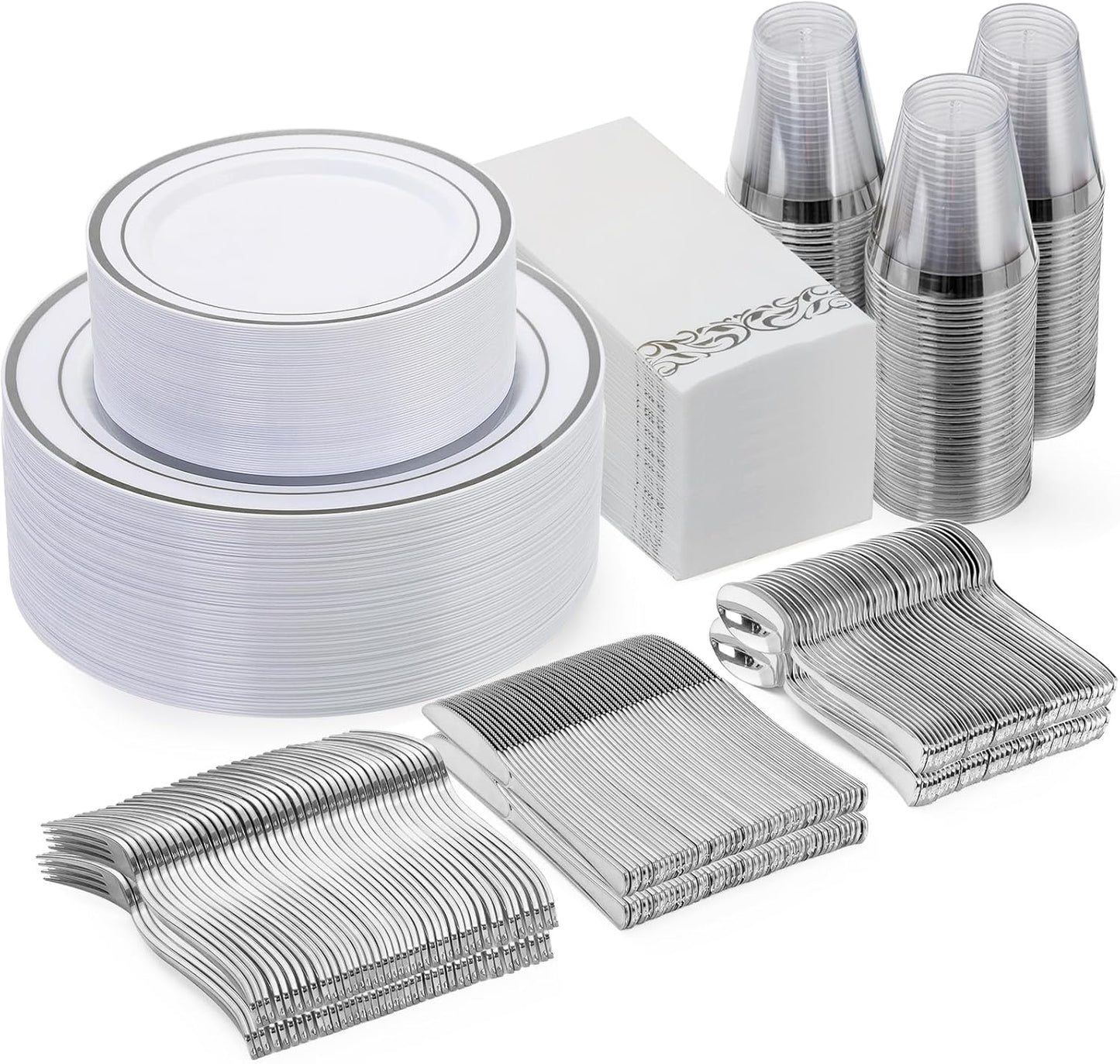 Goodluck 350 Pieces Gold Dinnerware Set for 50 Guests, Plastic Plates Disposable for Party, Include: 50 Gold Rim Dinner Plates, 50 Dessert Plates, 50 Paper Napkins, 50 Cups, 50 Gold Silverware Set