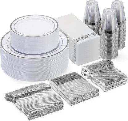 Goodluck 350 Pieces Gold Dinnerware Set for 50 Guests, Plastic Plates Disposable for Party, Include: 50 Gold Rim Dinner Plates, 50 Dessert Plates, 50 Paper Napkins, 50 Cups, 50 Gold Silverware Set