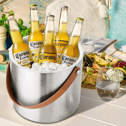 Bakpoco Double-Wall Vacuum Insulated Ice Bucket with Lid, Scoop, Ice Tong, Strainer & Leather Handle Keep Ice Frozen Longer Large Wine Ice Buckets for Cocktail Bar,Parties Chilling Beer Champagne 3L