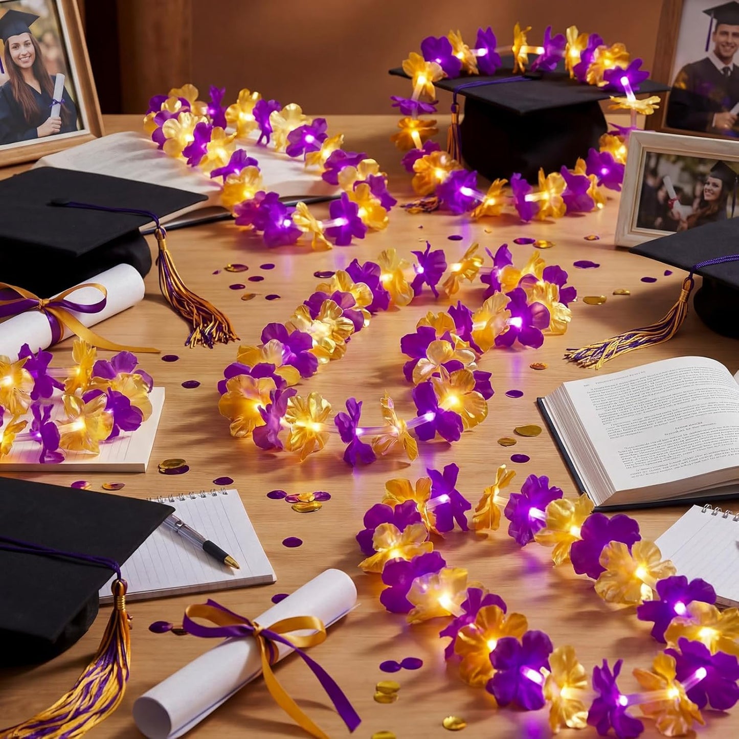 Sherr 24 Pcs LED Leis Light Up Purple and Gold Hawaiian Flower Necklaces, Graduation 2026 Party Supplies, Class of 2026 Leis for Beach Wedding Luau Glow Party Favors