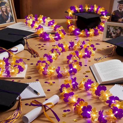 Sherr 24 Pcs LED Leis Light Up Purple and Gold Hawaiian Flower Necklaces, Graduation 2026 Party Supplies, Class of 2026 Leis for Beach Wedding Luau Glow Party Favors