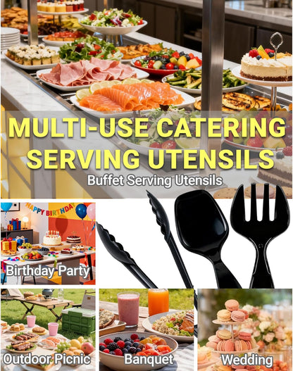 Disposable Black Plastic Spoons, Forks, Tongs | 12-Set (36 Pcs) Serving Utensils Set for Catering, Buffets, Parties, Events, Weddings, Picnics, Banquets, Daily Meals, Heavy-Duty Cutlery for Daily Use