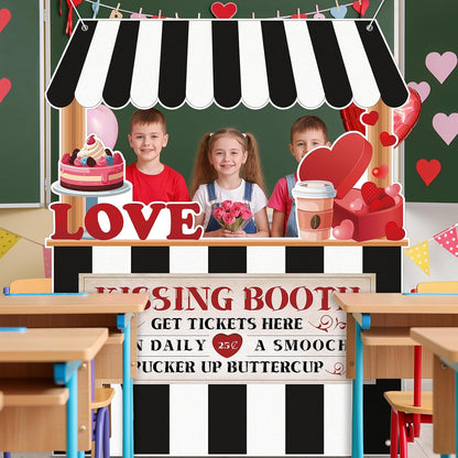 Valentine's Day Kissing Booth Backdrop Photo Prop Selfie Frame Movie Party Decor Black & White Love Theme Decoration Fabric Photo Backdrop for Holiday Event Carnival Party Celebration 71.3x59.6 Inch
