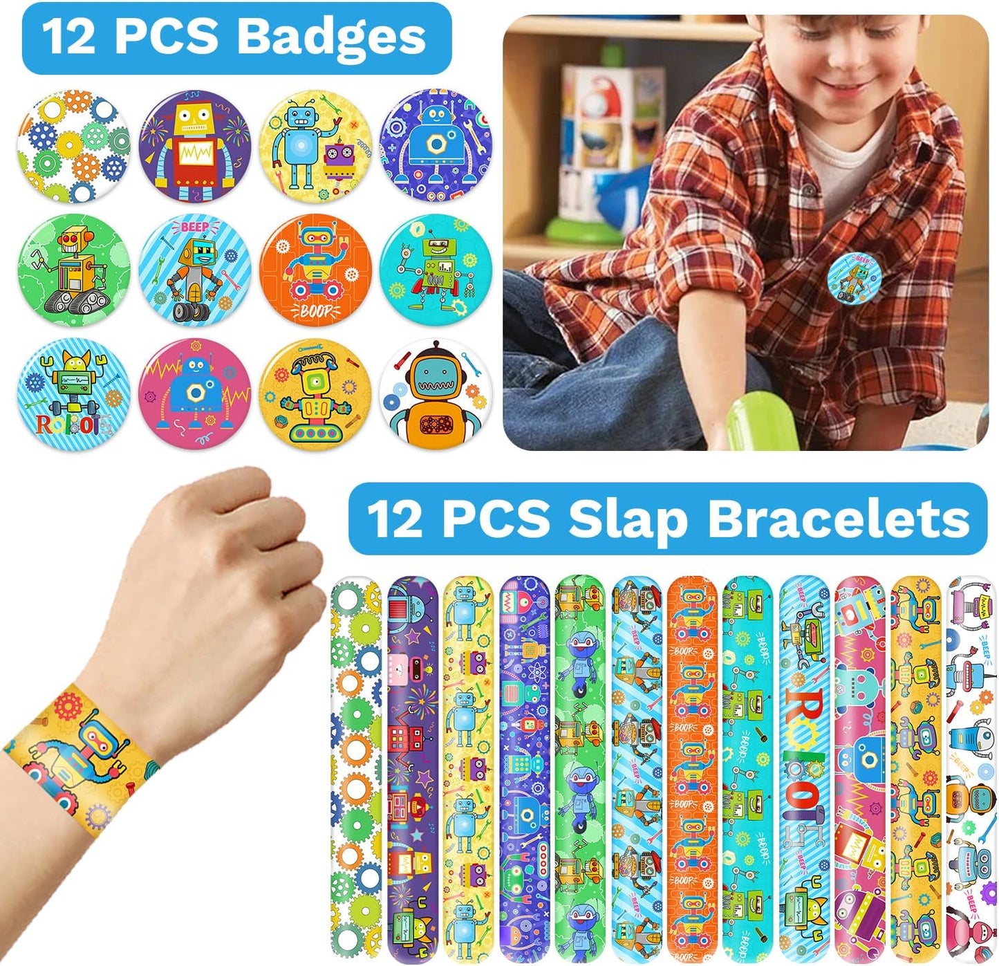 Robot Party Favors, Robot Temporary Tattoos Slap Bracelets Keychains Stickers Badges for Robot Birthday Party Decorations Supplies Gifts for Kids Classroom Rewards