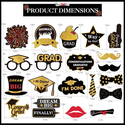 2026 Graduation Photo Booth Props,22Pcs Graduation Photo Booth Props,Funny Grad Party Selfie Props,Black Gold Selfie Photo Frame for High School and College Grads