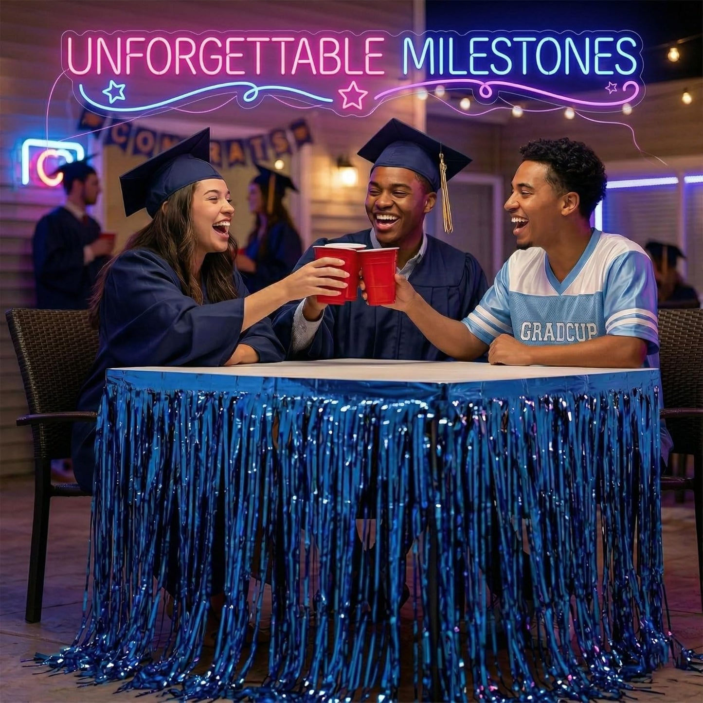 Blue Streamers Party Decorations, 2 Packs Blue Table Skirts Metallic Foil Fringe Tinsel for Birthday Under the Sea Boy Baby Shower Float Parade Mardi Gras Graduation Party Supplies -29x108Inch