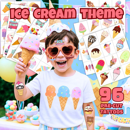 96PCS Ice Cream Temporary Tattoos for Kids - Pre-Cut No Scissors Needed - Sweet One Birthday Party Favors, Summer Pool Party Decorations, Goodie Bag Fillers, Classroom Prizes for Girls Boys