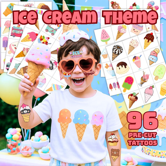 96PCS Ice Cream Temporary Tattoos for Kids - Pre-Cut No Scissors Needed - Sweet One Birthday Party Favors, Summer Pool Party Decorations, Goodie Bag Fillers, Classroom Prizes for Girls Boys