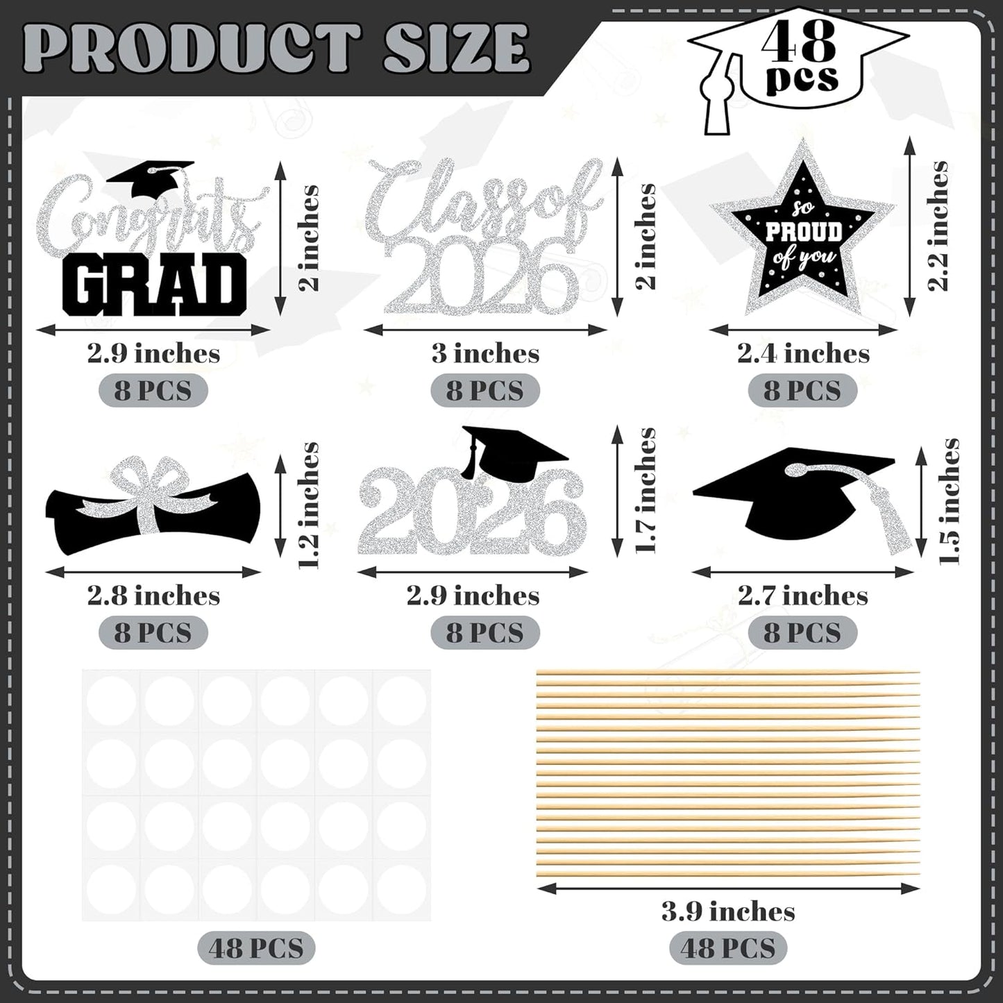 48 PCS Graduation Cupcake Toppers, Glittery 6 Styles Congrats Grad Cake Topper, Black and Red Graduation Decorations 2026, Cap and Diploma Cake Picks for Grad Party Supplies