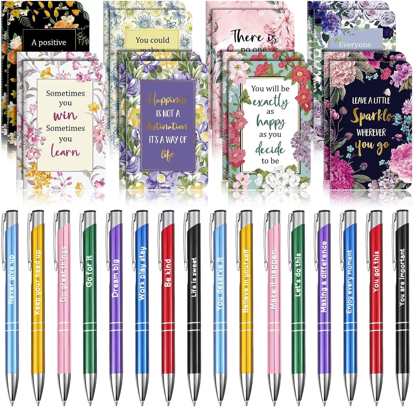 Funrous 32 Pcs Motivational Quote Pens Inspirational Notepads Mini Journal with Ballpoint Pen Small Notebooks Gift for Men Women Coworker Adult Party Favors Prize Teacher Student Office(Stylish)